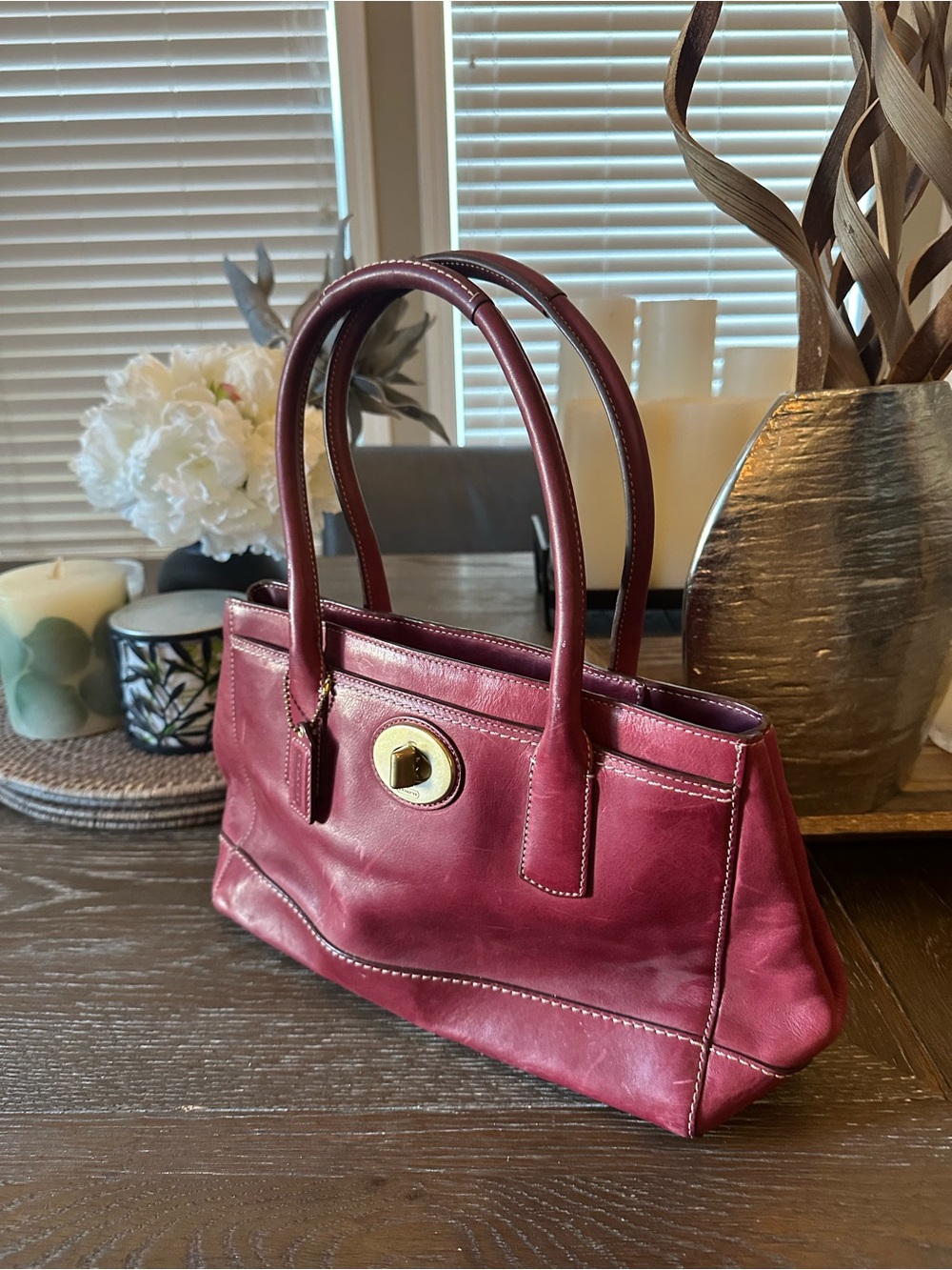 Vintage Coach Burgundy Leather Tote Handbag with Gold Accent